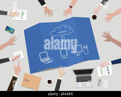 Cloud Service Concept backup data concept illustration with hand team work together on top of the table vector Stock Vector
