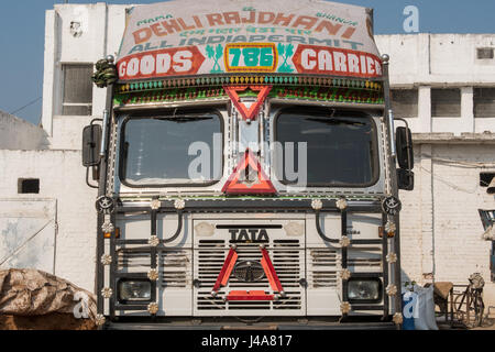 A decorated bus used for transporting goods in New Delhi, India. Stock Photo