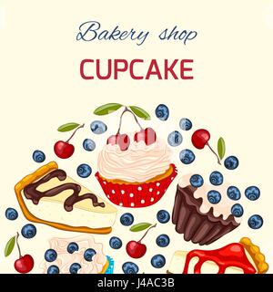 Cupcake with whipped cream, muffin and cheesecake. Vector birthday greeting card or invitation template. Copy space. Stock Vector