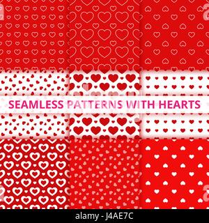 Collection seamless geometric patterns with hearts. Vector illustration Stock Vector