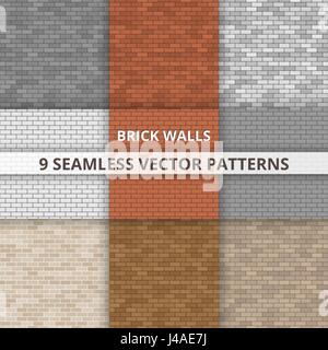 9 Seamless vector patterns. Brick wall paterns. Abstract background Stock Vector