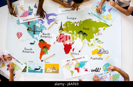 Kids Learning World Map with Continents Countries Ocean Geography Stock Photo