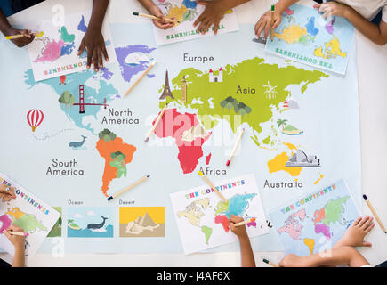Kids Learning World Map with Continents Countries Ocean Geography Stock Photo