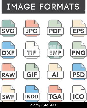 Icons to show different image formats, including JPG, SVG, EPS, DXF, etc Stock Vector