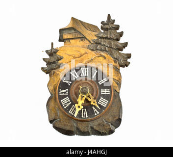 Antique Wooden Cuckoo Clock on White Background Stock Photo