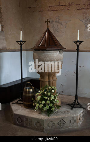 The font, St Mary and All Saints Church, Holcot, Northamptonshire, England, UK Stock Photo