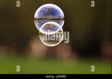 two bright bubble with shiny reflections on the background of green meadows Stock Photo