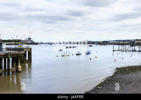 The River Thames at North Greenwich, looking downriver towards the Thames Barrier Stock Photo