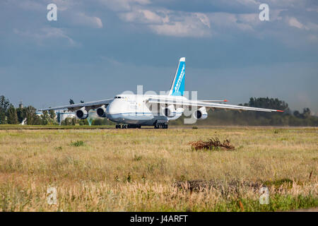 Kiev Region, Ukraine - July 20, 2012: Antonov An-124 Ruslan heavy cargo plane is taking off from the airport for another job Stock Photo