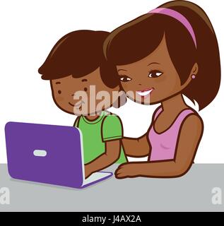 Mother and son on the computer Stock Vector