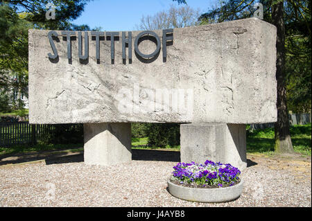 Memorial on the entrance to Nazi German concentration camp KL Stutthof in 72 anniversary of liberation of the concentration camp by the Red Army in Mu Stock Photo