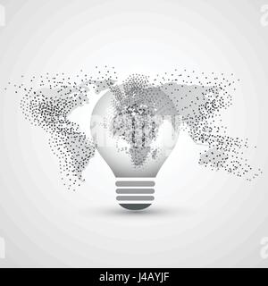 Abstract Electricity, Cloud Computing and Global Network Connections Concept Design with Earth Globe Inside a Light Bulb- Illustration in Vector Stock Vector