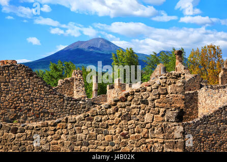 Ruins of Pompeii with Volcano Vesuvius in the background, Campania, Italy. Stock Photo