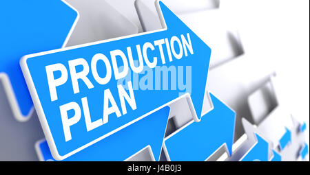 Production Plan - Text on Blue Arrow. 3D. Stock Photo