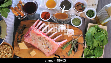 Top down view of ingredients for minted rack of lamb Stock Photo