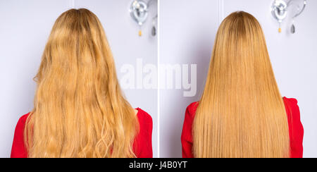 Concept photos before and after. Collage. Female Long wavy blonde hair, rear view, studio wall background Stock Photo