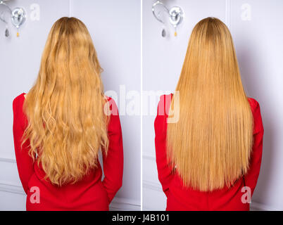 Concept photos before and after. Collage. Female Long wavy blonde hair, rear view, studio wall background Stock Photo