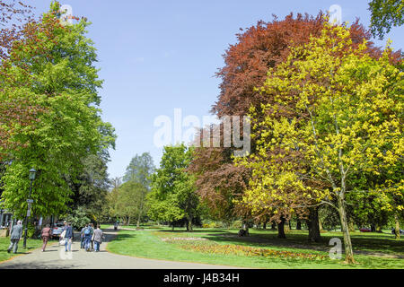 Group of people out for a stroll on a sunny spring day in Abington park, Northampton. Stock Photo