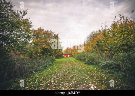 Small red cabin in a garden in the fall with autumn leaves in the grass Stock Photo