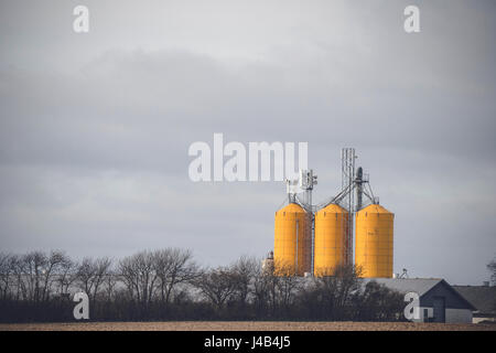 Yellow silos at a farm in rural environment in cloudy weather Stock Photo