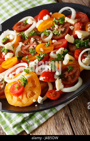 Salad of multi-colored tomatoes, onions and roquefort cheese close-up on a plate. vertical Stock Photo