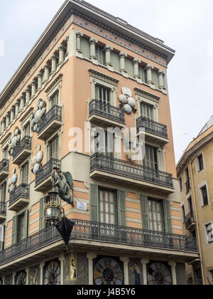 Casa Bruno Cuadros, a stunning building that was once an umbrella shop in the 1880s, located on La Rambla, Barcelona, Spain. Stock Photo