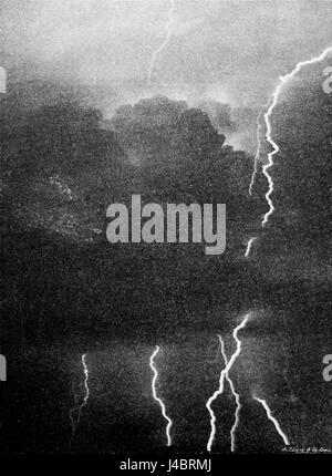 This image, from Popular Science Monthly (PSM) Volume 43, D471, captures multiple lightning flashes illuminating storm clouds. The phenomenon is an example of dramatic natural occurrences, showcasing the power and unpredictability of thunderstorms. Such phenomena are important for scientific studies of atmospheric conditions and weather patterns. Stock Photo