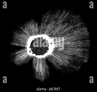 This image likely depicts a scientific illustration of a sun corona, which is the outermost layer of the Sunâ€™s atmosphere. It is often visible during a solar eclipse and plays a key role in solar phenomena and studies of the Sun. Stock Photo
