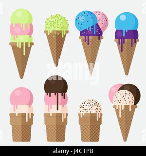 Set of Ice cream cone vector flat illustration. Stroberry ice cream, chocolate and vanila cones. Blueberry, Pistachio ice cream sundae. Stock Vector