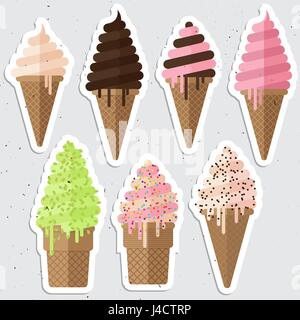 Set of Ice cream cone flake stickers. vector illustration. Stock Vector