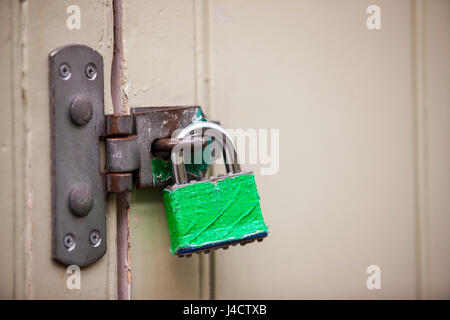 Coloured padlocks on a metal clasp, securing wooden doors. Stock Photo