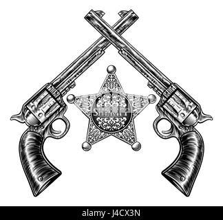 A sheriff star badge and pair of crossed revolver handgun pistols drawn in a vintage retro woodcut etched or engraved style Stock Photo