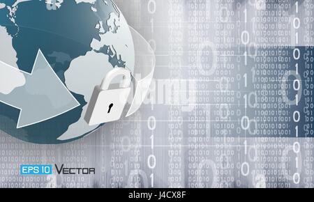 Digital code background, abstract vector illustration . Including numbers and sphere with world map, arrow, lock. Used a clipping mask. Stock Vector