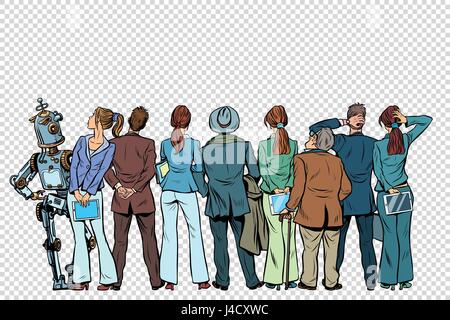Retro group of businessmen and businesswomen with the robot on isolated background. Pop art vector illustration Stock Vector