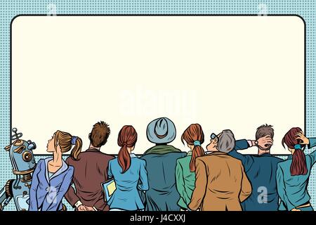 Retro group of people are watching on the silver screen. Pop art retro vector illustration Stock Vector