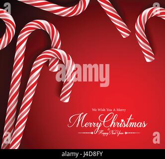 Merry Christmas Greetings Card Vector with Candy Cane in Red Background. Vector Illustration Stock Vector