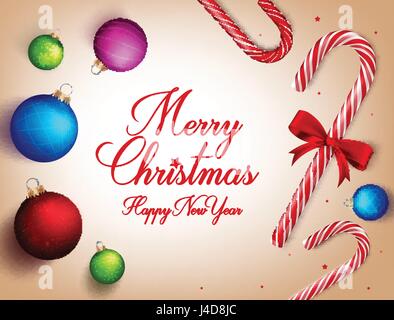 Merry Christmas Greetings Text in Vector Candy Cane with Ribbon in background. Vector Illustration Stock Vector