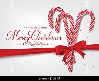 Merry Christmas Greetings in Vector Candy Cane and Christmas Balls in Background. Vector Illustration Stock Vector