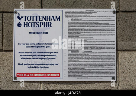 A general view of signage at Tottenham Hotspur's White Hart Lane, London. PRESS ASSOCIATION Photo. Picture date: Thursday May 11 2017. Photo credit should read: Steven Paston/PA Wire Stock Photo