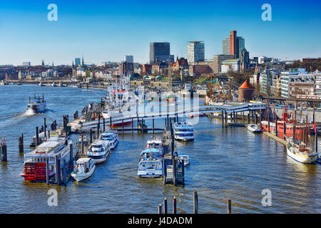 Look at the low harbour and the oversea bridge in Hamburg, Germany, Europe, Blick auf den Niederhafen und die Überseebruecke in Hamburg, Deutschland,  Stock Photo