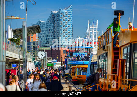 Hamburg harbour with the Elbphilharmonie and Faehranleger in Germany, Europe, Hamburger Hafen mit der Elbphilharmonie und Faehranleger in Deutschland, Stock Photo