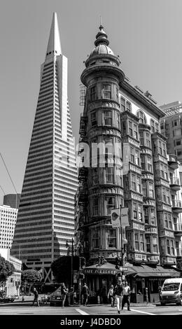 Black and white downtown North Beach San Francisco Columbus Tower Sentinel Tower + Transamerica Bldg, people crossing street in front of Cafe Zoetrope Stock Photo