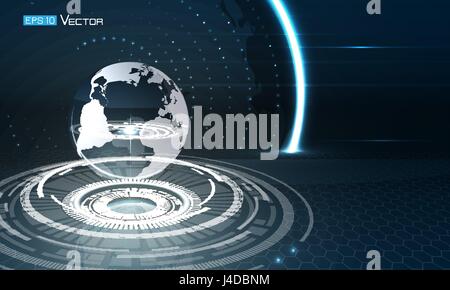 Abstract background with transparent sphere, with blue colors and glow and futuristic elements, hexagons . Used a clipping mask. Used opacity masks an Stock Vector