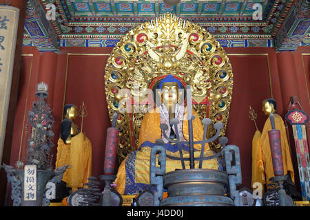 Blue Buddha Altar Offerings Yonghe Gong Buddhist Lama Temple. Built in 1694, Yonghe Gong is the largest Buddhist Temple in Beij Stock Photo