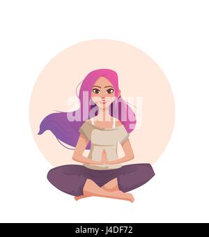 Young woman with pink hair meditates in lotus position. A girl in the style of a cartoon is engaged in yoga. Vector illustration. Stock Vector