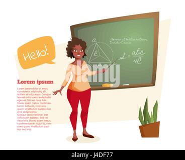 The African American teacher stands at the blackboard with mathematical formulas. African American woman in the style of cartoon teaches students. Vek Stock Vector