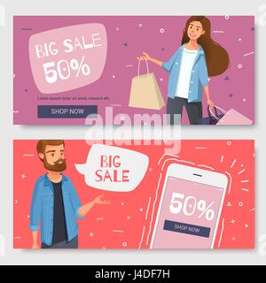 A set of modern banner for the promotion of the store. A young man with a phone and a woman with cartoons in the style of a cartoon. Vector illustrati Stock Vector