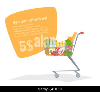 Complete shopping cart truck with fresh products. Supermarket with a trolley for eating a flat design. Bubble with space for text. The vector illustra Stock Vector