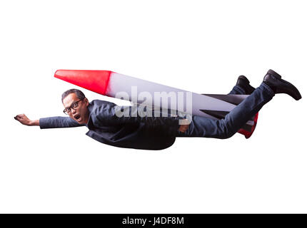 asian business man flying with rocket power isolated white background for speed and competition in leader ship concept Stock Photo