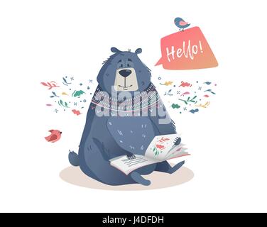 Children's illustration of a bear with a book of fairy tales. Character the bear to print on a T-shirt, flyer, poster, cover, book, printed on fabric. Stock Vector